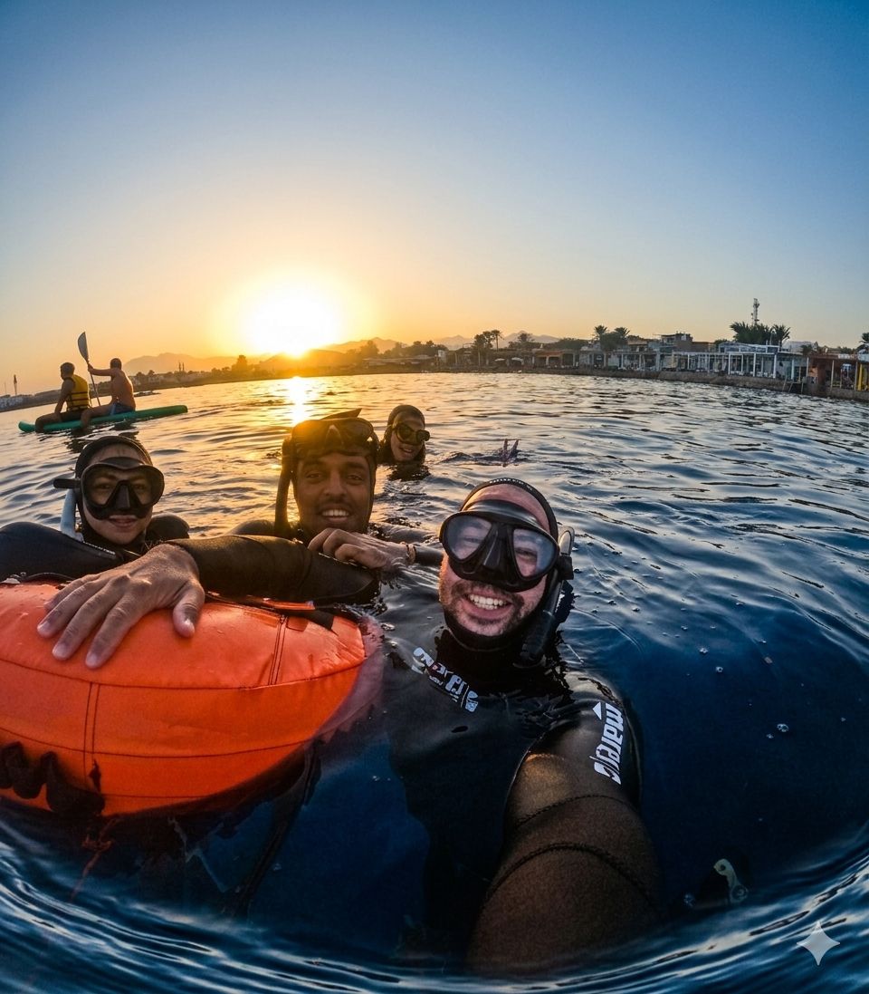 The group on the buoy at sunset